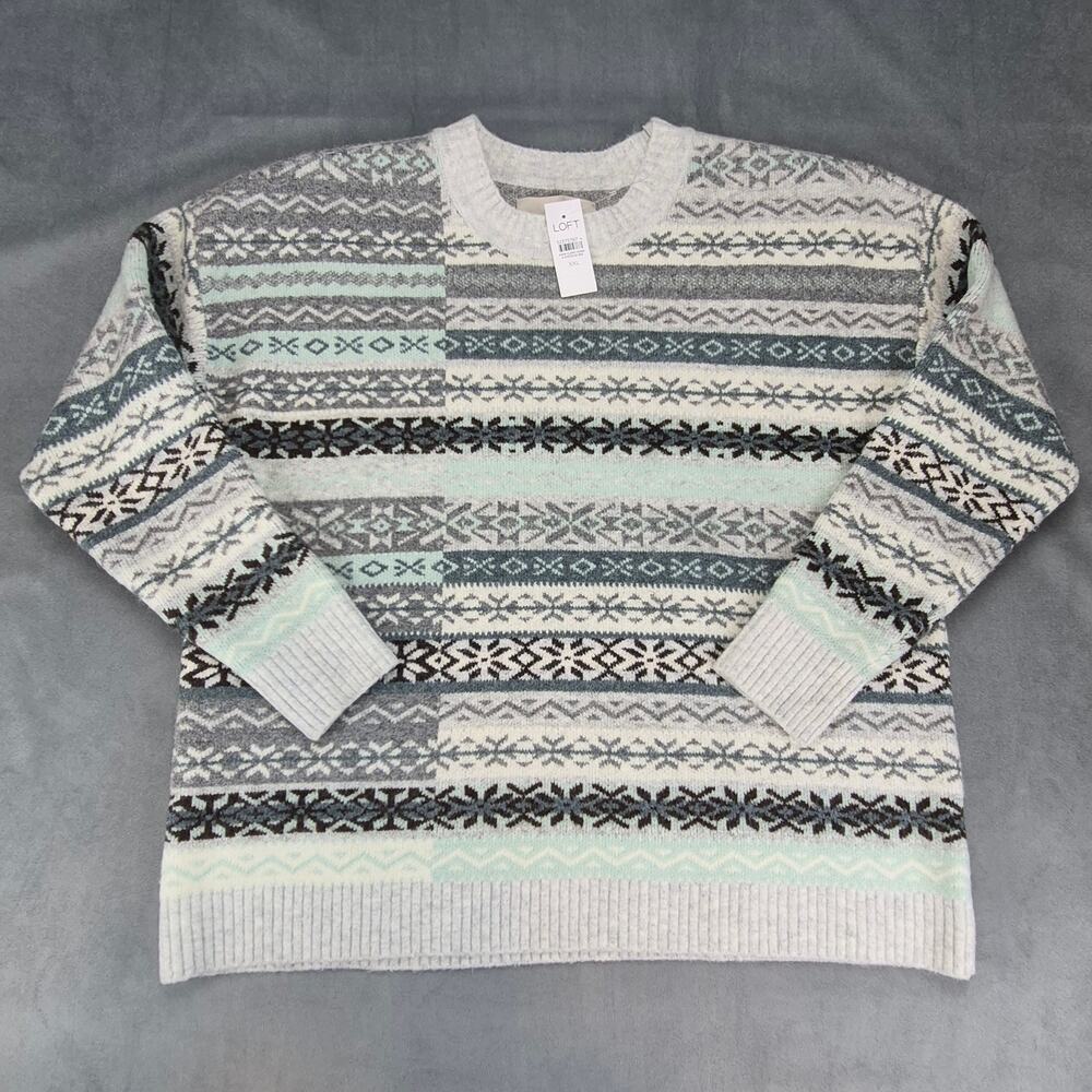 Loft Patchwork Fair Isle Knit Sweater Blue Teal Gray Brown Ivory Womens Size XXL